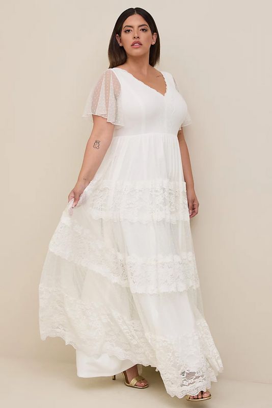langes Boho Kleid (Brautkleid) - weiß - Gr. 52/54